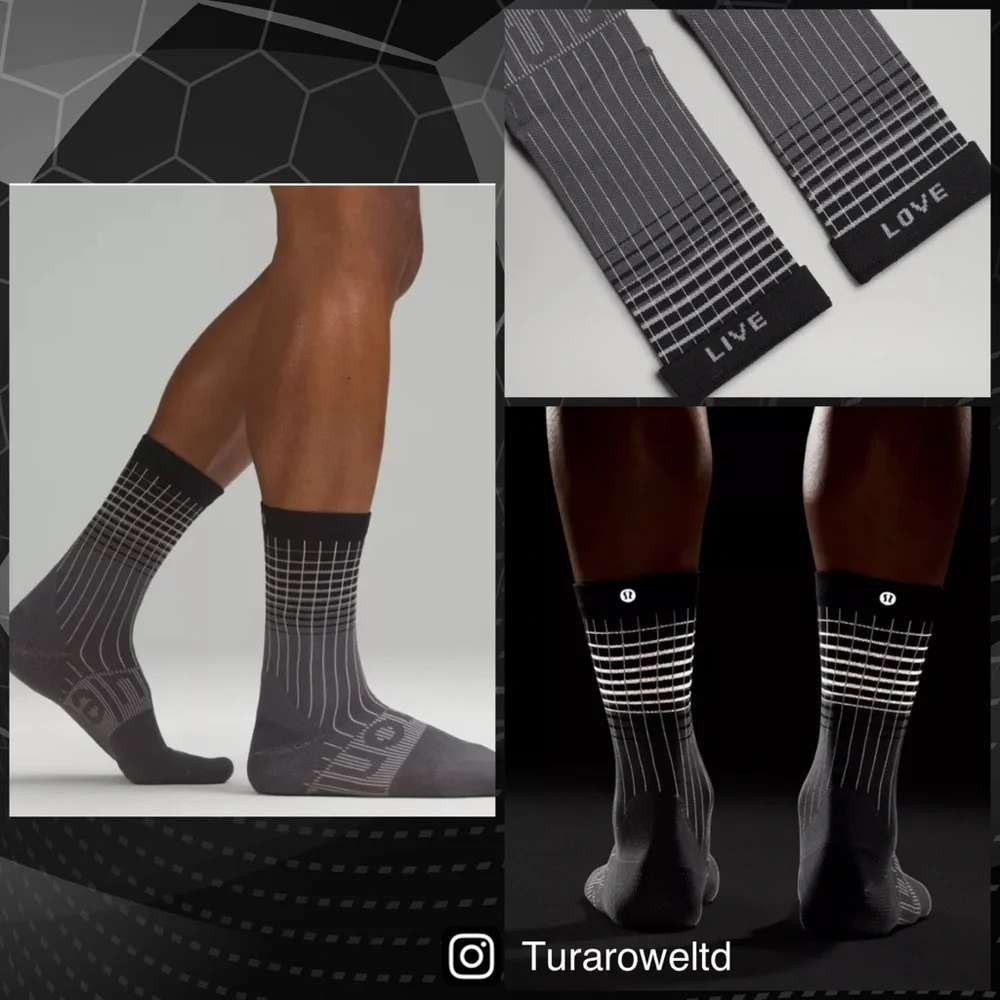 Lululemon Men's Power Stride Crew Socks Reflective Size‎ Medium NWT Black Grey ✨